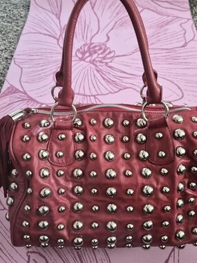 Red Studded Satchel Handbag with Dual Top Handles